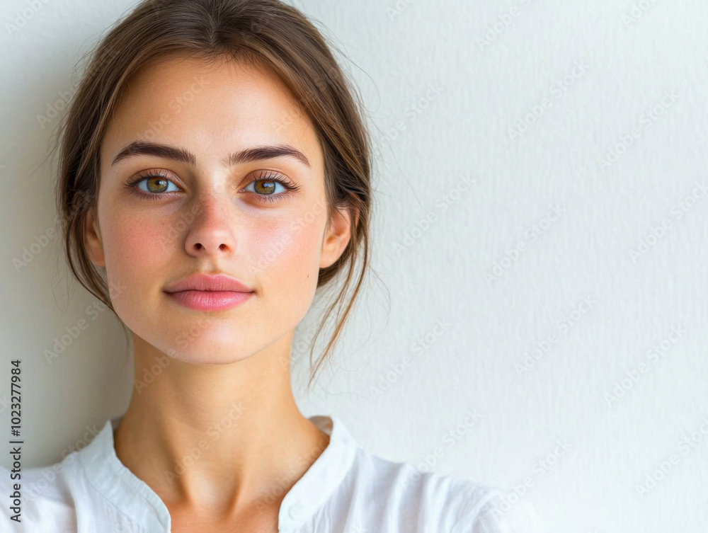 Young woman with natural beauty poses against a neutral background in bright daylight Young woman with natural beauty poses against a neutral background in bright daylight