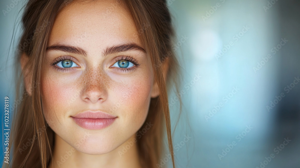 Young woman with bright blue eyes and natural makeup smiling softly in a bright indoor setting Young woman with bright blue eyes and natural makeup smiling softly in a bright indoor setting