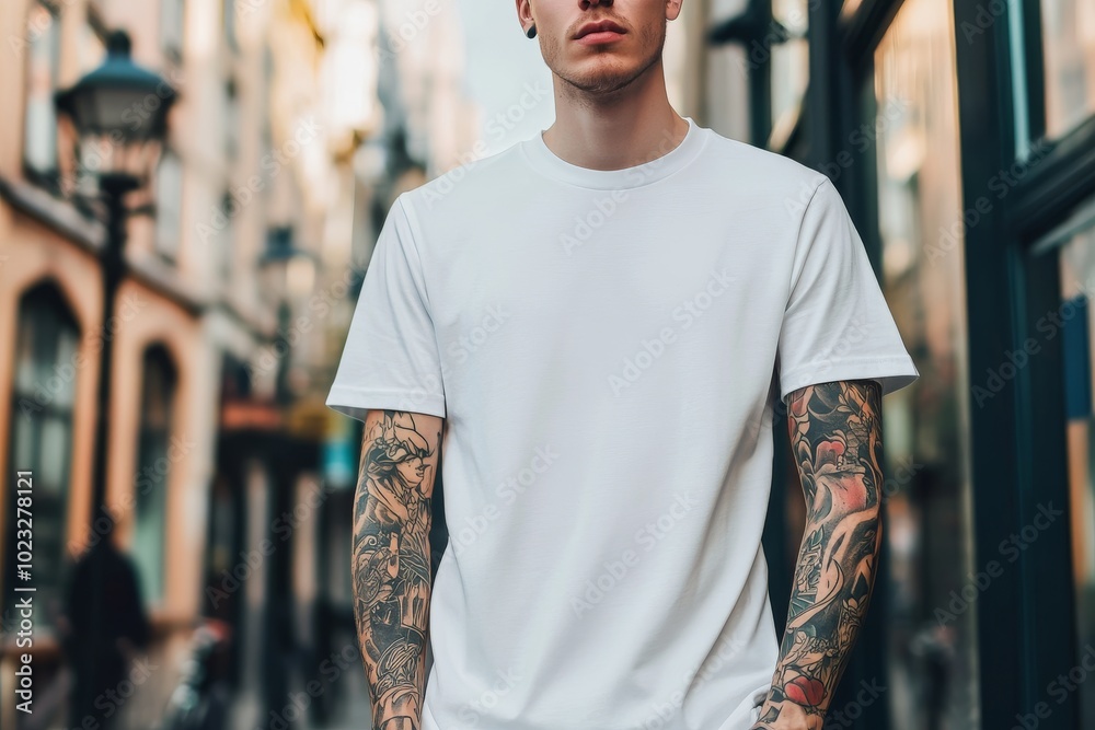 Fototapeta premium Handsome Tattooed Man in White T-Shirt Posing in Urban Street Setting