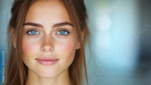 Young woman with bright blue eyes and natural makeup smiling softly in a bright indoor setting