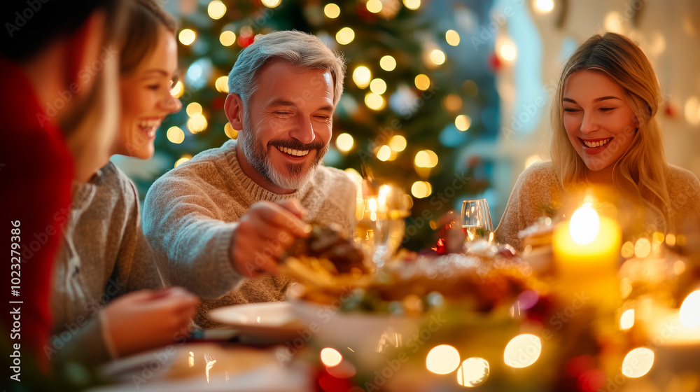 Festive Family Gathering with Holiday Feast A multicultural group of friends and family sits around a beautifully decorated dinner table, sharing a festive meal together. The hoste Festive Family Gathering with Holiday Feast A multicultural group of friends and family sits around a beautifully decorated dinner table, sharing a festive meal together. The hoste