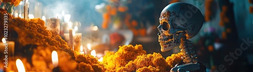 A vivid scene of a decorated altar featuring a skull, flowers, and candles, symbolizing the celebration of life and death.