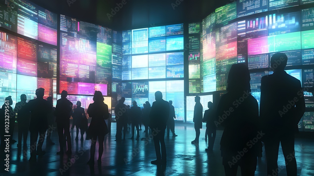 Naklejka premium People gathered in a room filled with bright monitors and stock graphs reflecting market movement