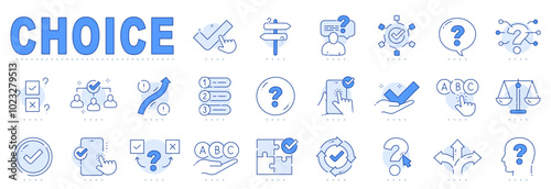Set of making choice related blue icons. Survey, checklist, feedback, option, accept, arrow, way etc. Editable stroke