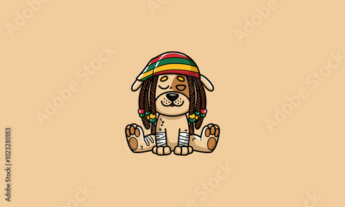 Chill dog with dreadlocks and a colorful beanie, relaxed