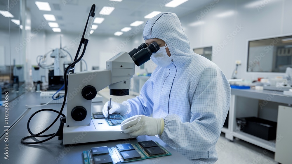Worker in Cleanroom Suit Examining Microchips Under Microscope