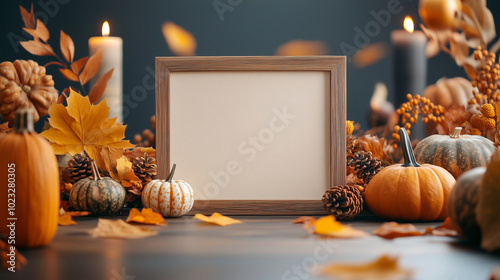 Autumn Harvest Display with Empty Frame for Custom Text - A clean, minimal wooden frame sits at the center of a festive autumnal arrangement. Surrounded by decorative gourds, pumpk photo