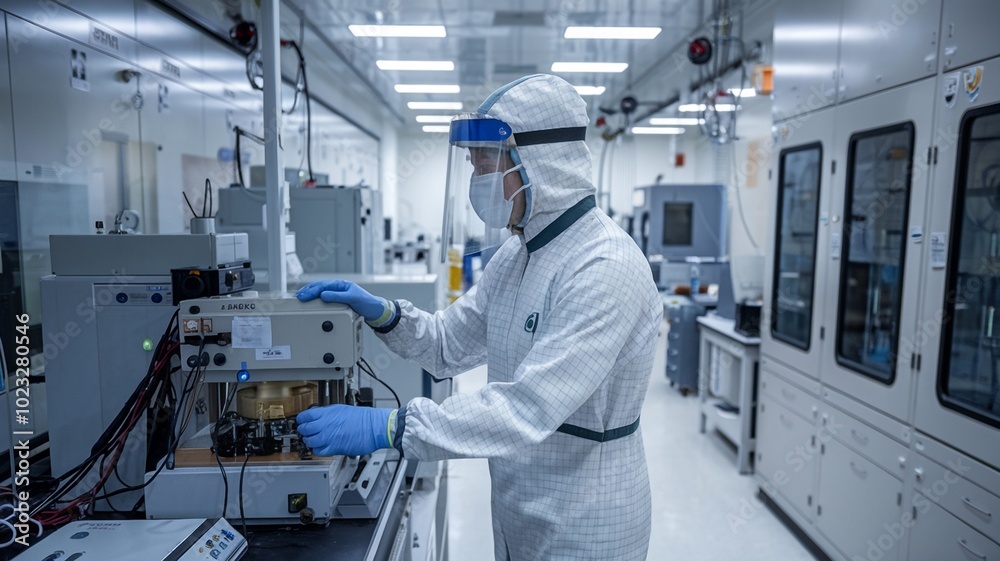 Worker in Specialized Suit Conducts Operations in High-Security Lab Worker in Specialized Suit Conducts Operations in High-Security Lab