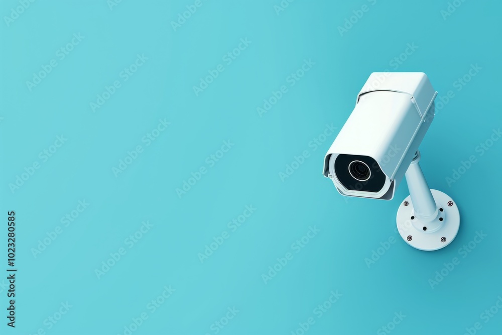 Surveillance camera mounted on a wall against a bright blue background in a modern setting Surveillance camera mounted on a wall against a bright blue background in a modern setting