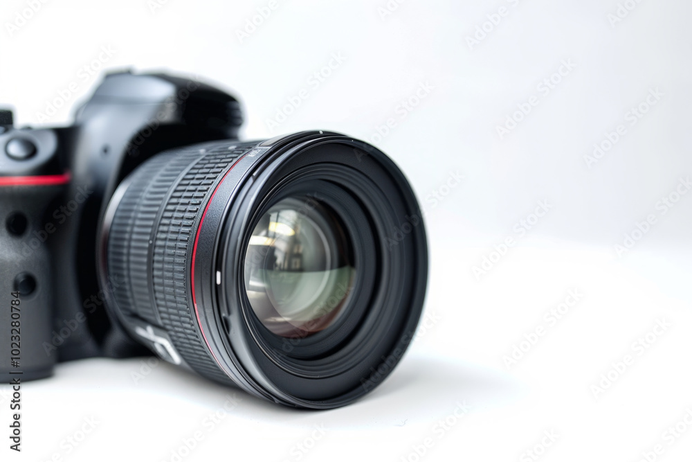 A close-up view of a professional camera with a detailed lens showcased on a clean surface in a well-lit environment A close-up view of a professional camera with a detailed lens showcased on a clean surface in a well-lit environment