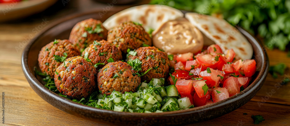 Vibrant falafel dish with fresh vegetables, pita, and a side of sauce