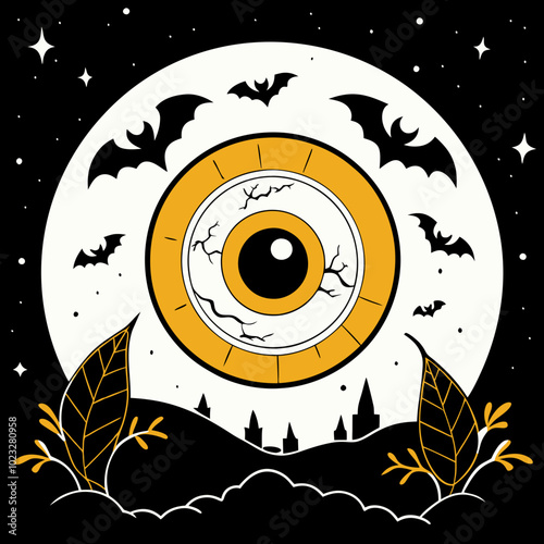 Creepy eyeball with a spooky design for Halloween, surrounded by bats and a moonlit backdrop

