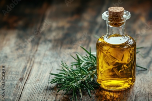 gourmet cooking display, a chic olive oil bottle atop a wooden table, adorned with a hint of oil and a sprig of rosemary