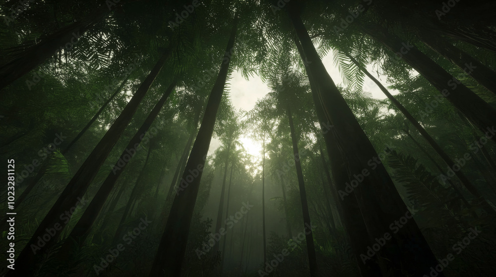 Obraz premium Sunlight filtering through a dense rainforest canopy in the afternoon