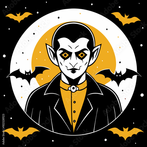 Vintage vampire character for Halloween with piercing eyes and bats in the background
