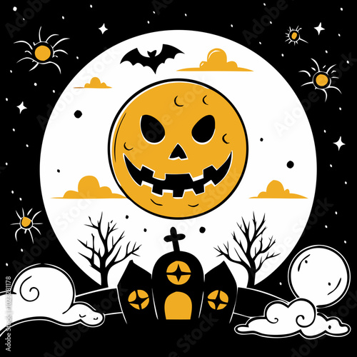 Spooky full moon with a grinning pumpkin face over a haunted graveyard for Halloween
