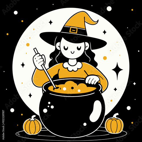 Witch stirring a cauldron for Halloween, surrounded by pumpkins under a full moon
