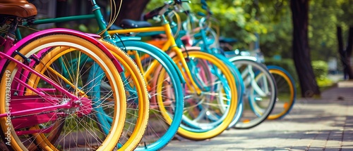 Vibrant Bike Station - Eclectic Mix of Vintage and Modern Cycles in Urban Setting, A row of brightly colored bicycles parked in a row., Bicycle transport. Row of bikes.
 photo