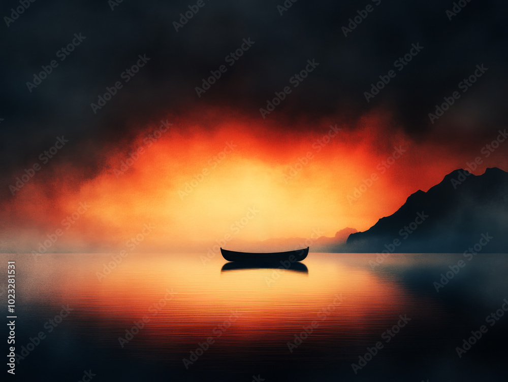 A solitary boat quietly drifts on a calm lake at sunset against a vibrant orange sky A solitary boat quietly drifts on a calm lake at sunset against a vibrant orange sky