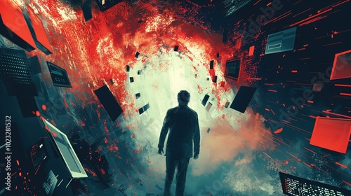 Man Facing Digital Chaos with Explosive Background in Abstract Art