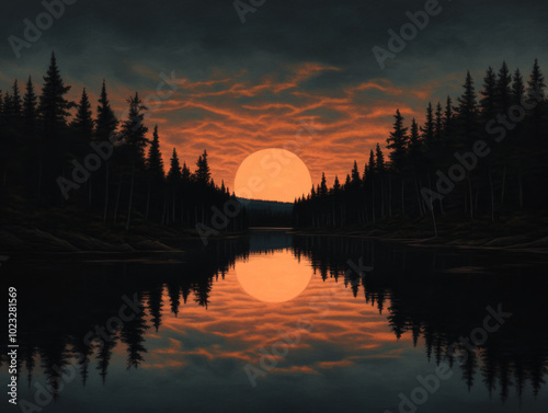 Serene sunset over a tranquil lake surrounded by dense pine trees in a peaceful forest setting