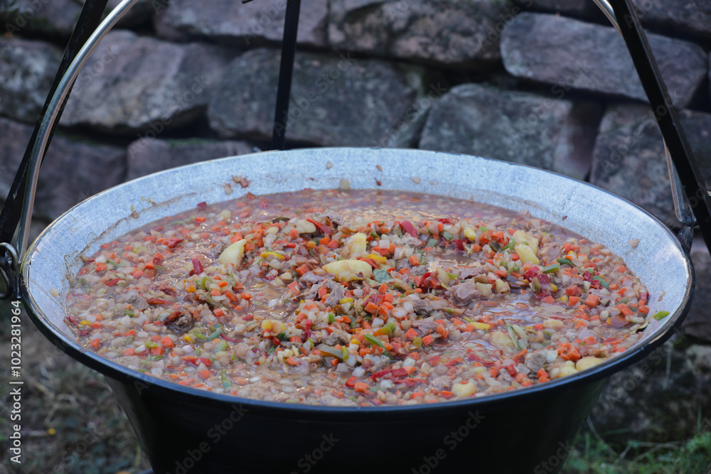 Vegetables and goulash in a goulash pot Vegetables and goulash in a goulash pot