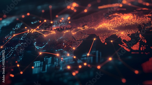 Global map showing connections between stock markets with graph lines linking cities photo