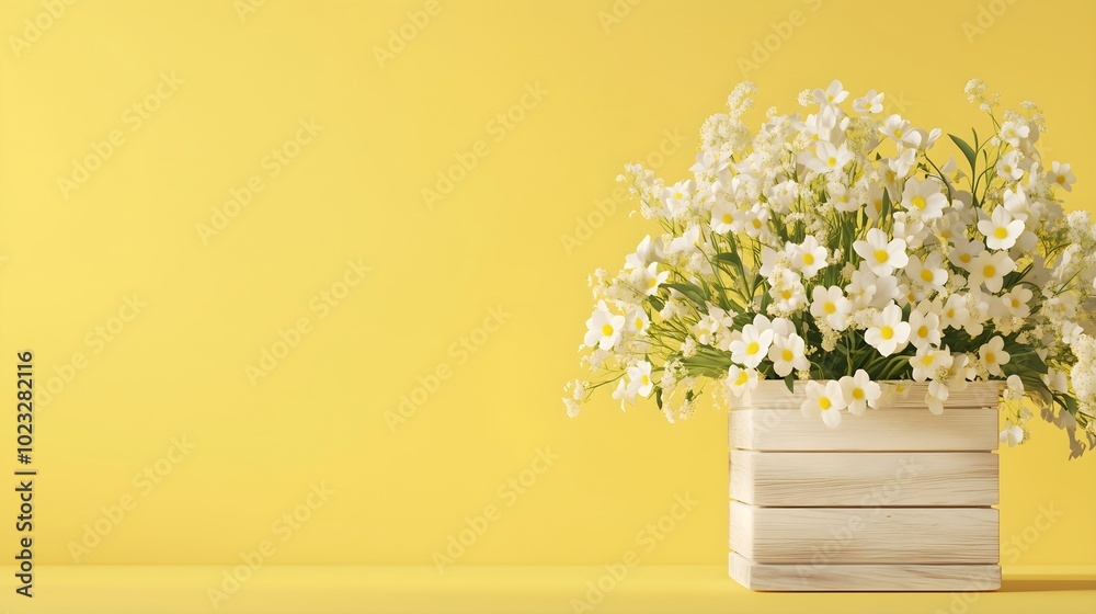 White flowers, daisies, chamomiles in a basket on yellow background, copy space. Greeting card template for wedding, Mother's or Women's day. Springtime composition with copy space. Banner Flat lay, White flowers, daisies, chamomiles in a basket on yellow background, copy space. Greeting card template for wedding, Mother's or Women's day. Springtime composition with copy space. Banner Flat lay,