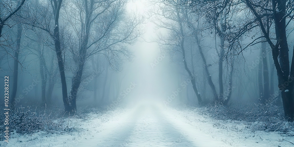 Obraz premium A snowy forest path with trees in the background