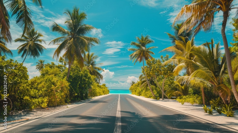 A peaceful tropical road lined with palm trees leading to a clear blue ocean under a bright sky A peaceful tropical road lined with palm trees leading to a clear blue ocean under a bright sky