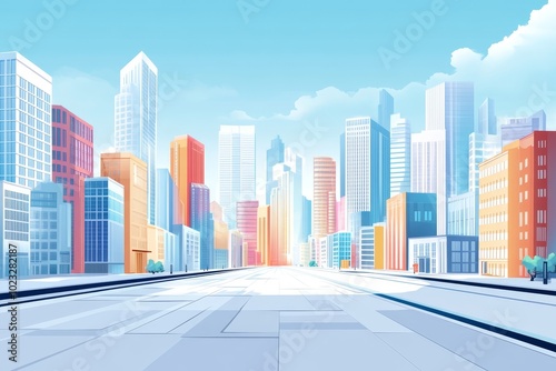 A city landscape full of modern sense,white color tones as the theme, sunny during the day, the city is full of bright colors and interesting architecture, can be used for business presentation PPT.