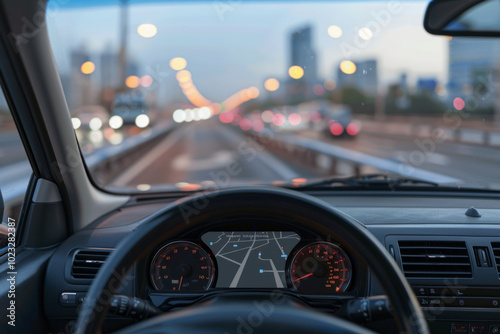 Nighttime drive on a busy city highway with illuminated roads and skyline view