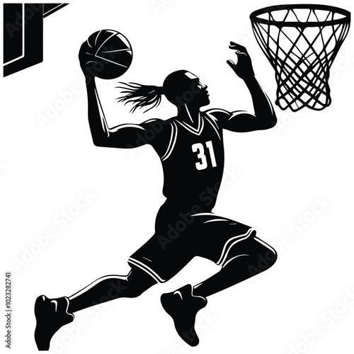 Silhouette vector of a basketball player, available for purchase at $1 for 1 credit