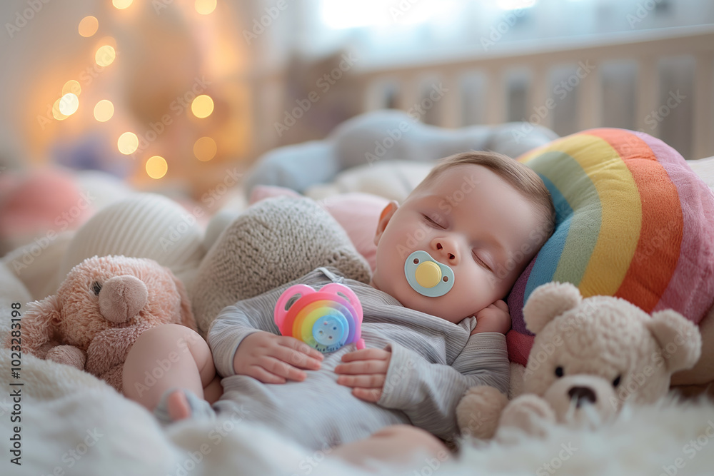 Sleeping baby with pacifier surrounded by stuffed toys. An adorable scene perfect for use in parenting, newborn care, and childhood themes in marketing and editorials