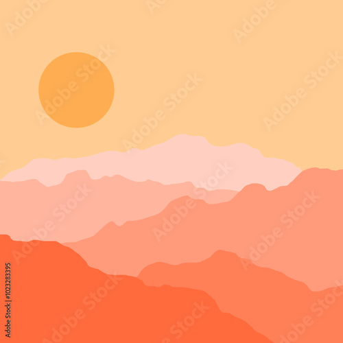 A minimalist depiction of a desert landscape with orange and pink layered mountains under a soft orange sun. The color palette creates a warm and peaceful desert vibe.
