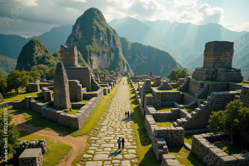 Tourists walking down path at ancient ruins of choquequirao peru photo