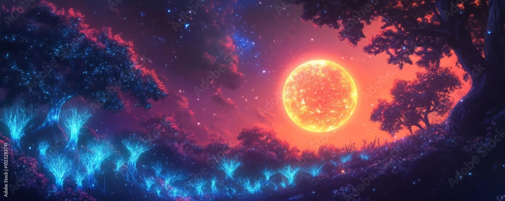 Fototapeta premium A planet covered in bioluminescent forests, glowing as it orbits its distant sun, Fantasy, Bright hues, Digital painting
