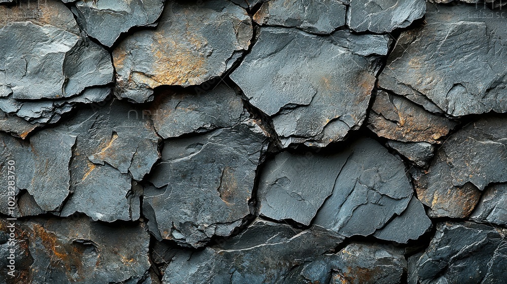 An abstract close-up view of a textured stone wall featuring dark slate stones and some metallic tones. The natural patterns create visual interest. An abstract close-up view of a textured stone wall featuring dark slate stones and some metallic tones. The natural patterns create visual interest.