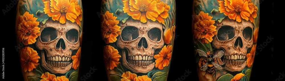 Intricate skull tattoo design adorned with vibrant orange flowers, symbolizing life, death, and the beauty of nature.