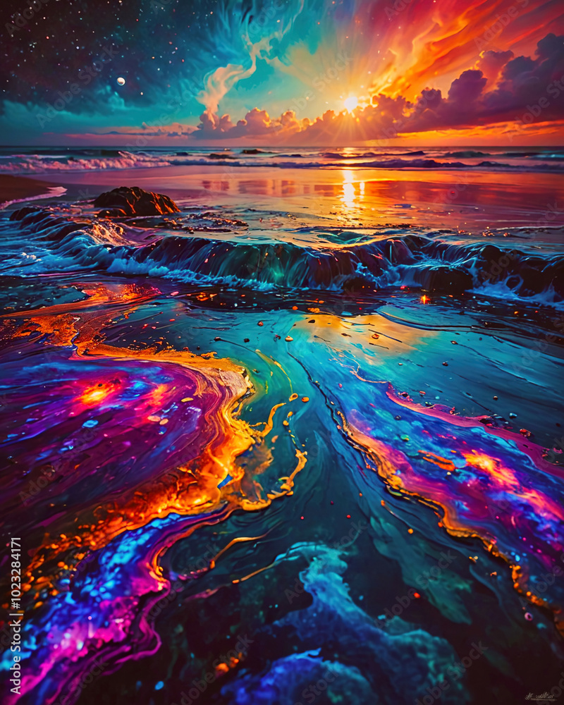 Fototapeta premium A colorful painting of a beach with a sunset in the background