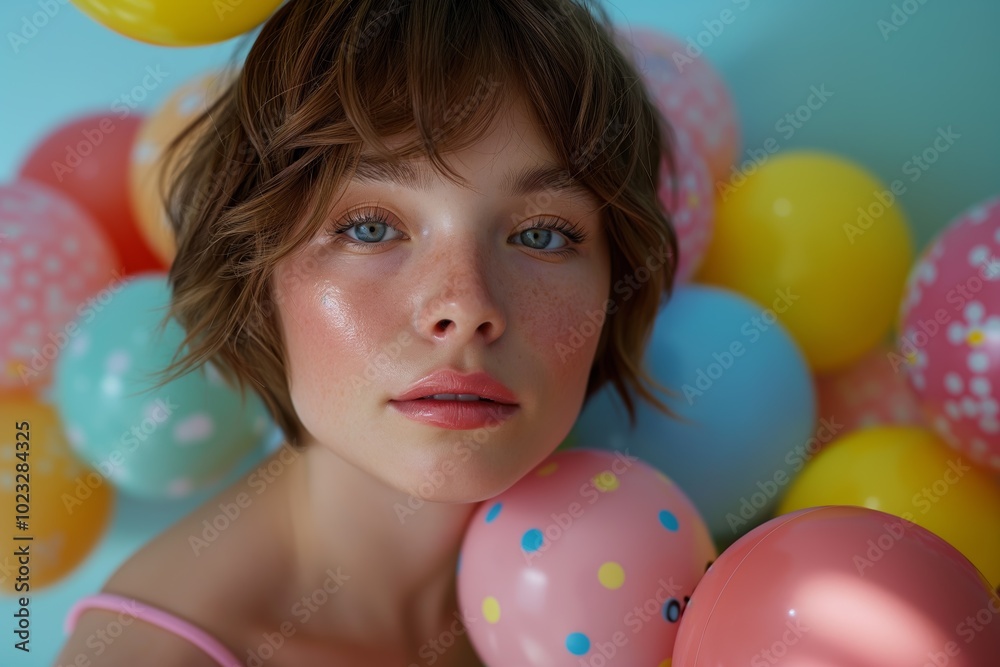 Obraz premium Vibrant Portrait of a Young Woman with Colorful Balloons