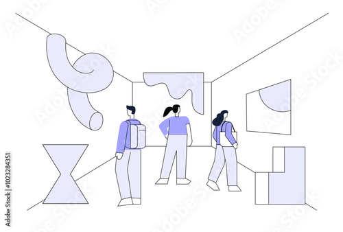 Various people view exhibition in Abstract art gallery. Visitors looking picture and sculpture. Flat vector illustration.