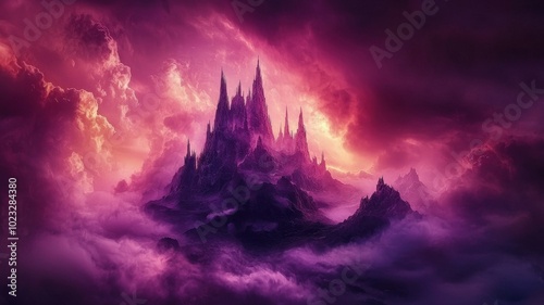 Majestic castle in a mystical cloud-filled sky with vibrant purple and pink hues.