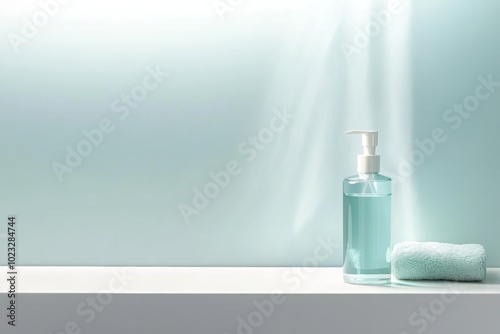 Liquid Soap and Towel on a White Shelf