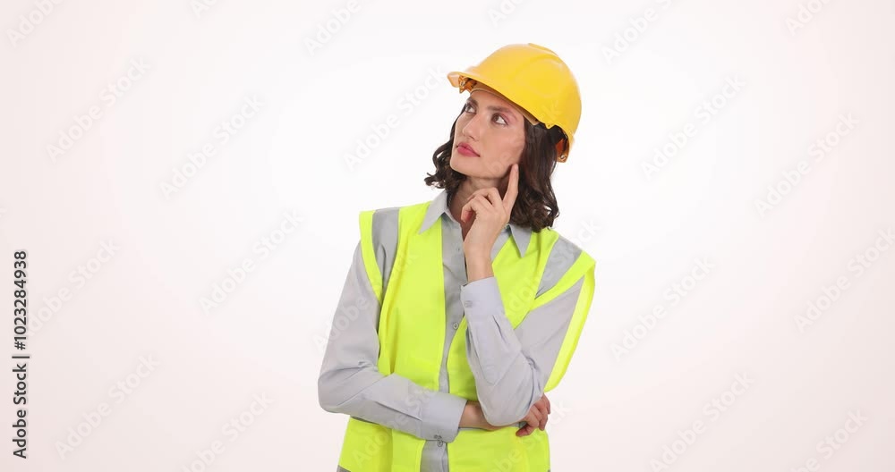 Thoughtful woman in safety helmet and reflective vest on white background. Focused young engineer in protective uniform thinks about construction project Thoughtful woman in safety helmet and reflective vest on white background. Focused young engineer in protective uniform thinks about construction project