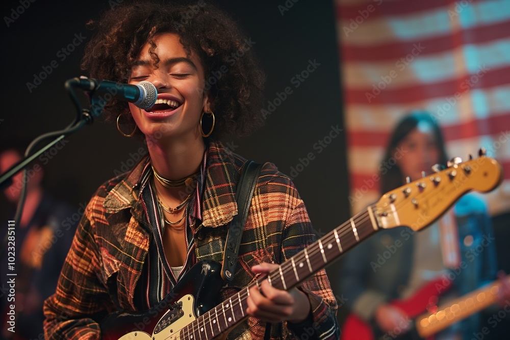 Obraz premium Young Musician Singing and Playing Electric Guitar on Stage in a Live Performance