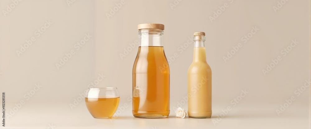 Two bottles and a glass with apple juice and cider Two bottles and a glass with apple juice and cider