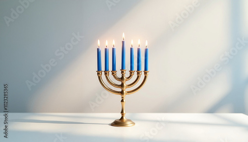 Menorah with blue candles lit on white table illuminated by sunlight