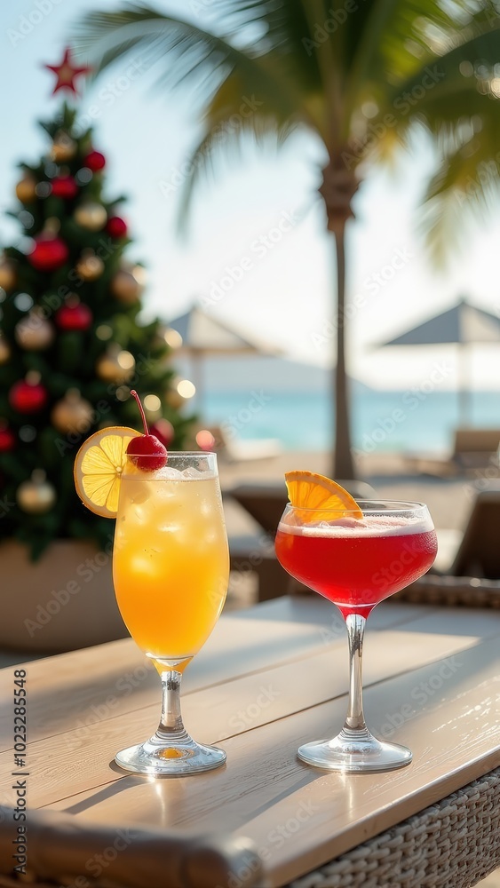 new year in warm climates, under palm trees and sun. Tropical cocktails against the backdrop of a Christmas tree on the beach. For tourism new year in warm climates, under palm trees and sun. Tropical cocktails against the backdrop of a Christmas tree on the beach. For tourism