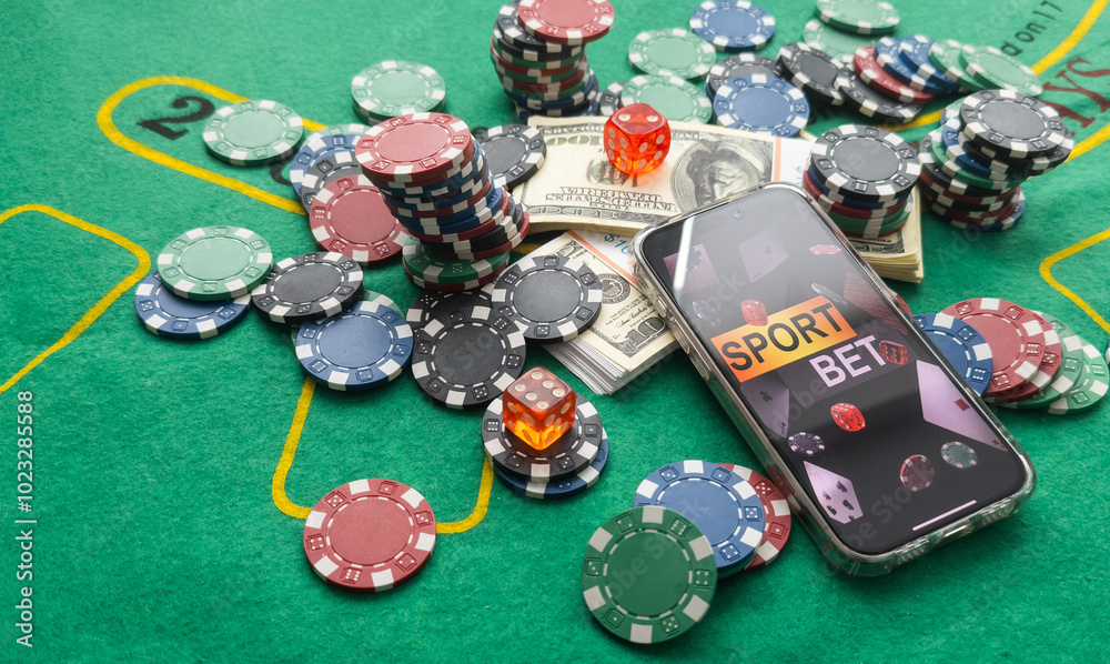 Smartphone, money, playing cards and chips. Online casino Smartphone, money, playing cards and chips. Online casino